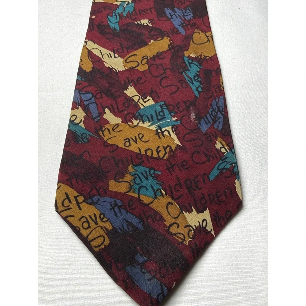 Save the Children Silk Necktie Burgundy Multi Color Text Print Neck Tie
